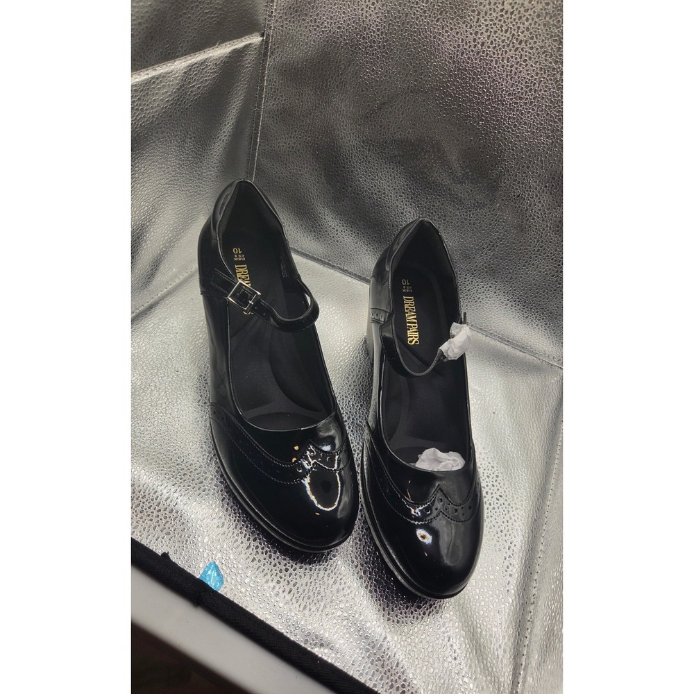Dream Pairs Womens Mary Jane Pumps Black Patent Wingtip Brogue Block Heel Sz 10
